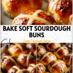 Golden sourdough hot cross buns with icing crosses on a baking tray for Easter brunch. 26