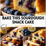 Golden lemon blueberry sourdough snack cake sliced on a plate with fresh blueberries beside it