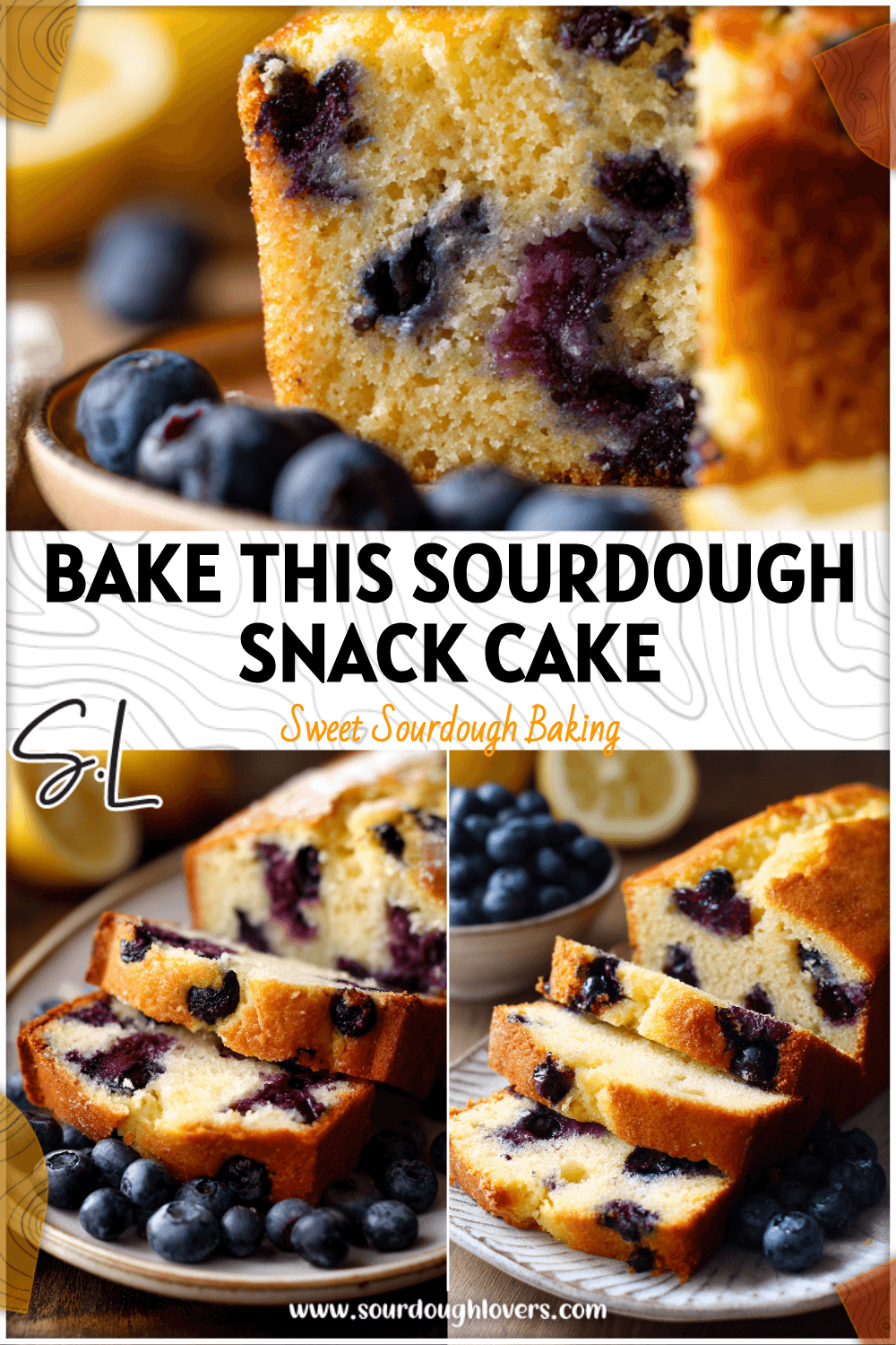 Golden lemon blueberry sourdough snack cake sliced on a plate with fresh blueberries beside it