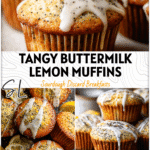 Freshly baked lemon poppy seed muffins with buttermilk drizzle on a rustic tray. 26