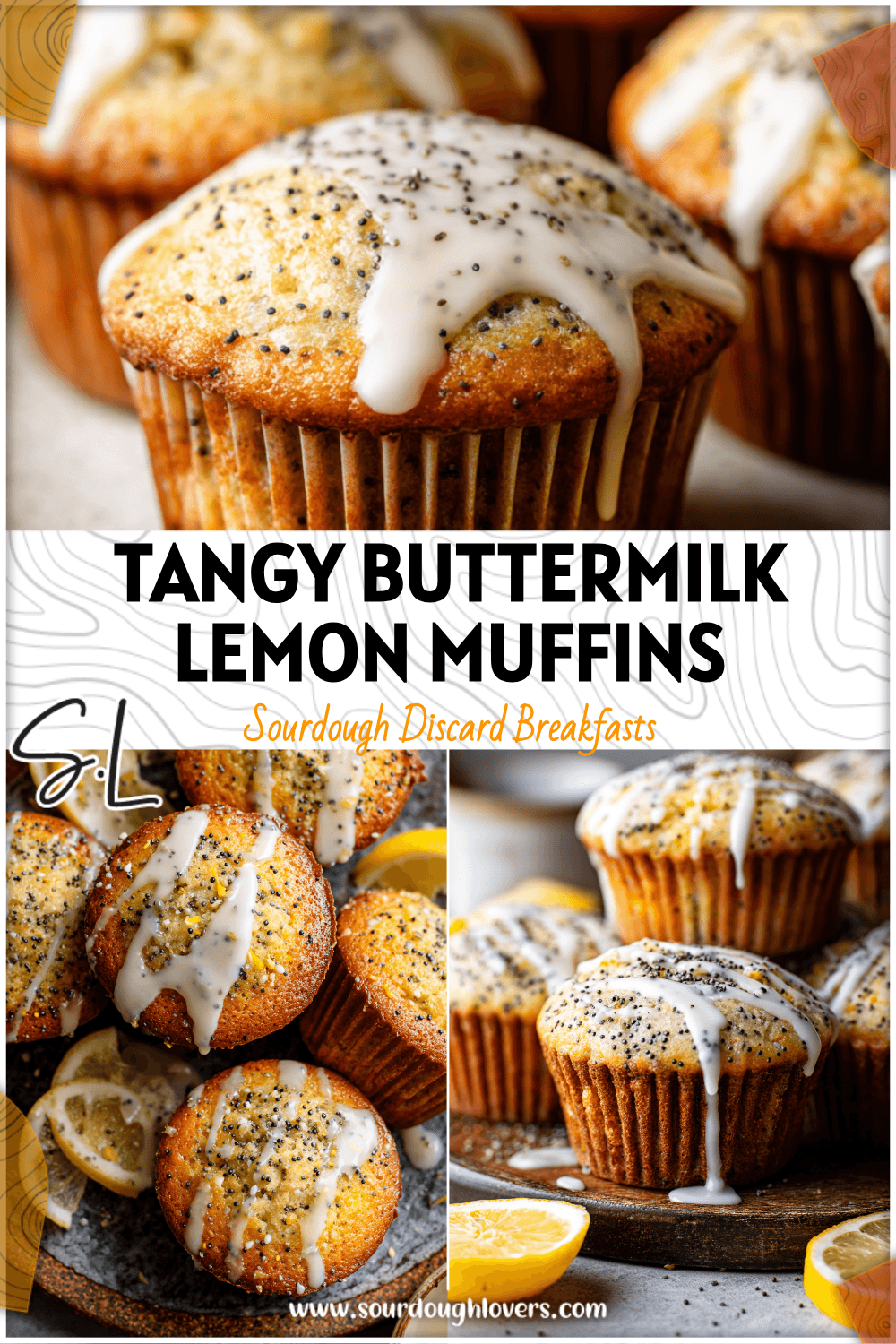 Freshly baked lemon poppy seed muffins with buttermilk drizzle on a rustic tray. 26
