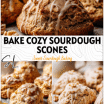 Golden maple walnut sourdough discard scones on a rustic tray with drizzled glaze and walnut pieces.