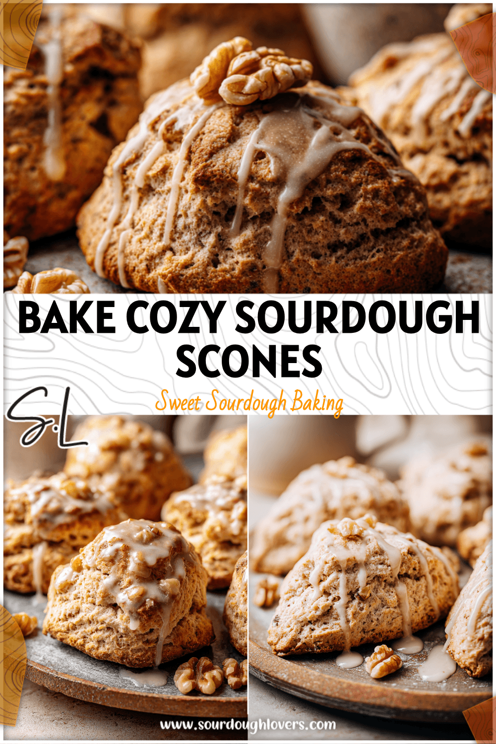 Golden maple walnut sourdough discard scones on a rustic tray with drizzled glaze and walnut pieces.
