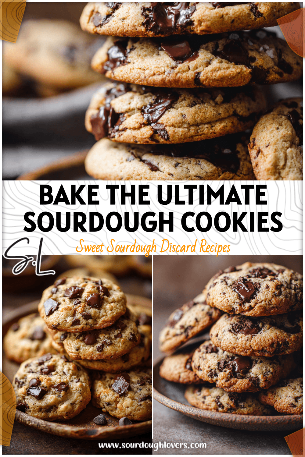 Stack of Sourdough Monster Cookies with melted chocolate chips and golden brown edges on a rustic plate. 26