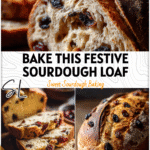 Golden Sourdough Orange Cranberry Loaf with visible raisins and cranberries on a rustic wooden table.