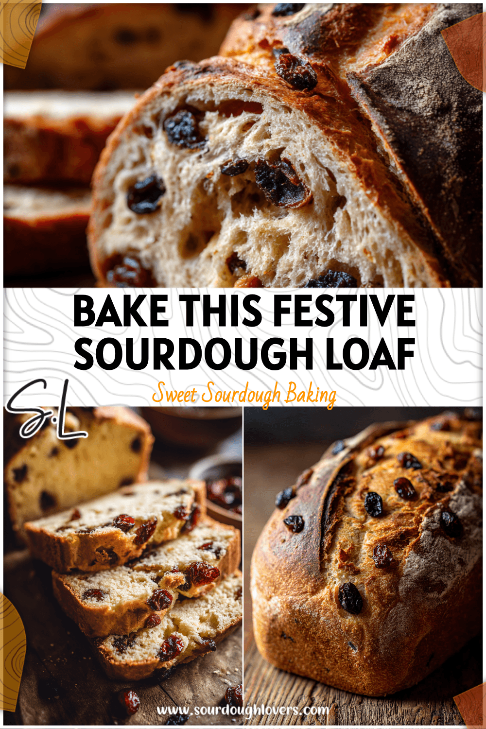 Golden Sourdough Orange Cranberry Loaf with visible raisins and cranberries on a rustic wooden table.