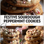 Fresh sourdough peppermint chocolate chip cookies stacked on a plate with Peppermint Chips beside them. 26