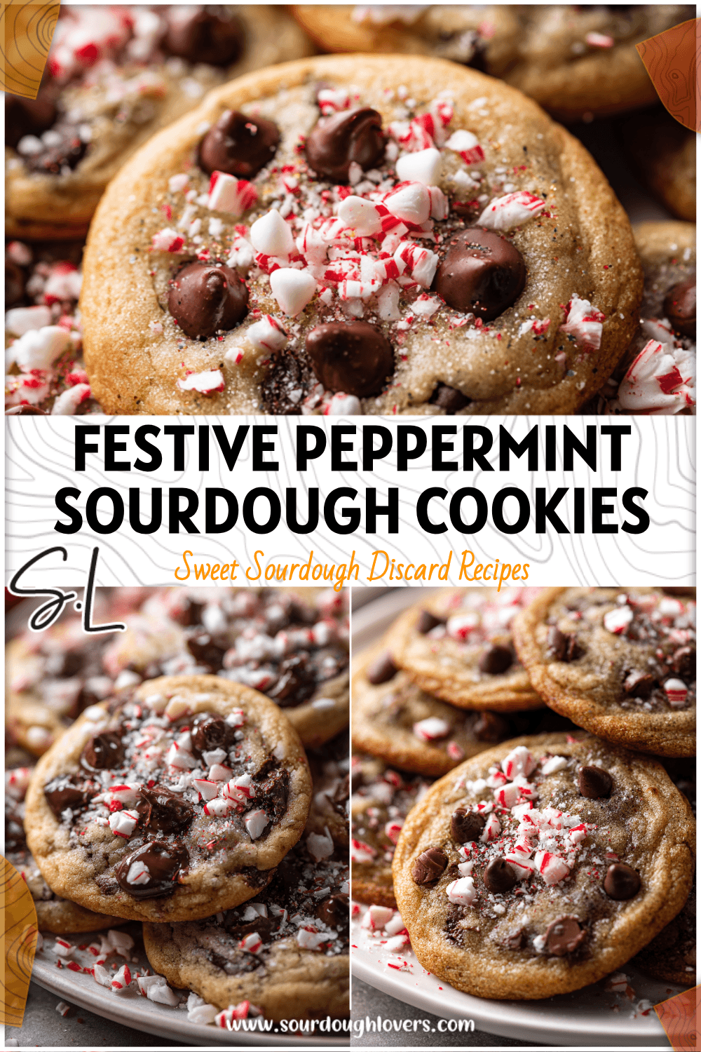 A plate of sourdough peppermint chocolate chip cookies with melted chocolate chips and crushed candy canes.