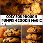 Sourdough Pumpkin Chocolate Chip Cookies with Starter Discard 5 Stacked pumpkin chocolate chip sourdough cookies with melted chocolate chips and autumn tones.