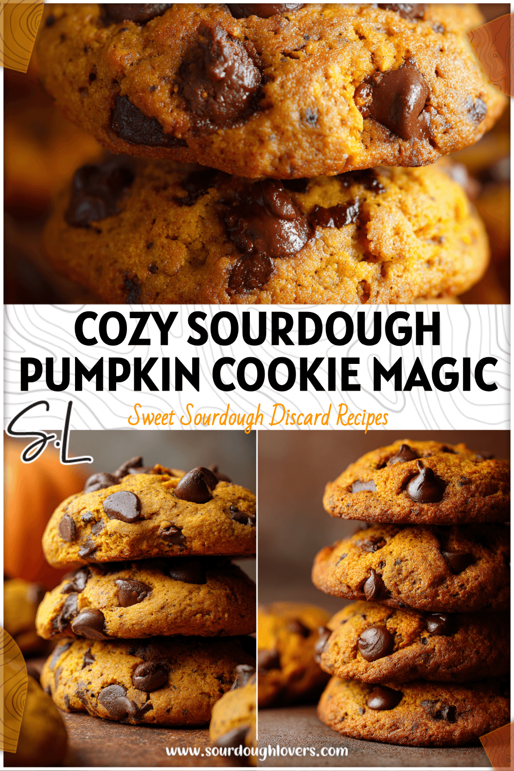 Stacked pumpkin chocolate chip sourdough cookies with melted chocolate chips and autumn tones.