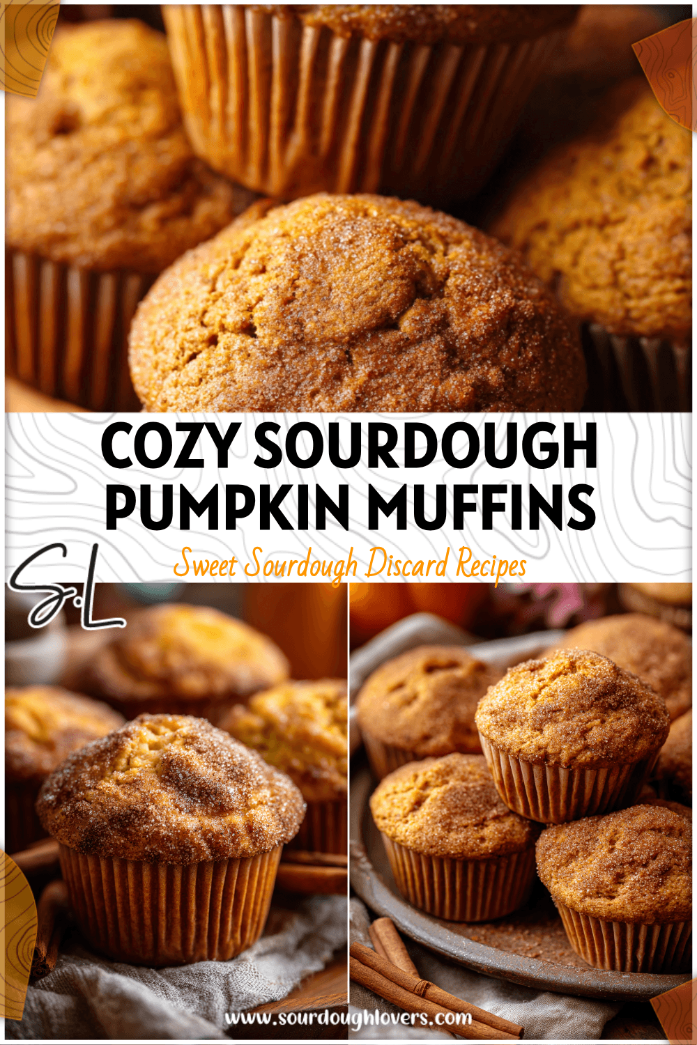 Golden Sourdough Pumpkin Muffins topped with cinnamon sugar on a rustic fall table.