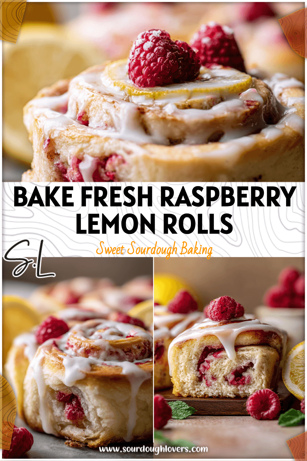 Close-up of sourdough raspberry lemon rolls drizzled with fresh lemon icing. 26