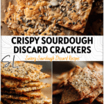 Golden sourdough seedy crackers made from sourdough starter discard on a rustic baking sheet.