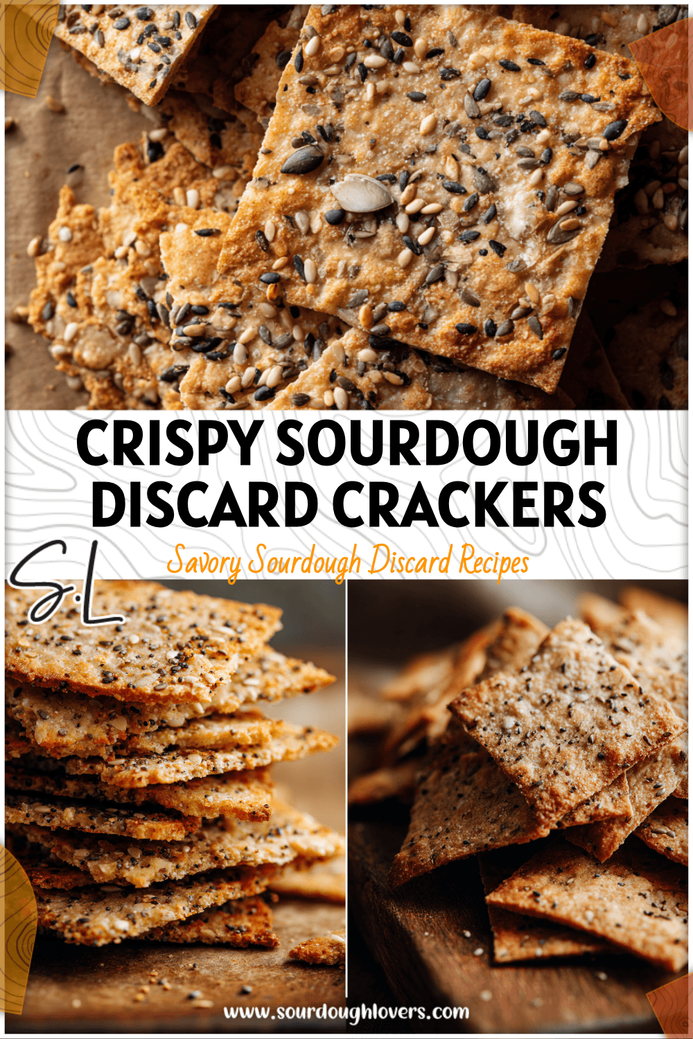 Golden sourdough seedy crackers made from sourdough starter discard on a rustic baking sheet.
