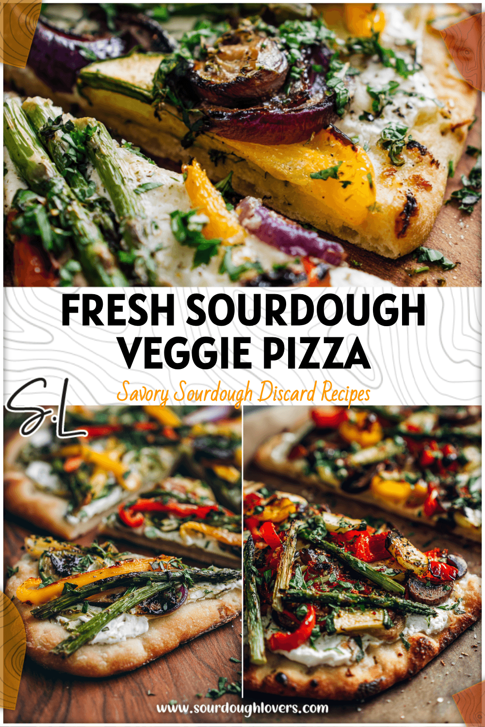 Golden sourdough Spring Vegetable Flatbread topped with colorful roasted veggies and herbs.