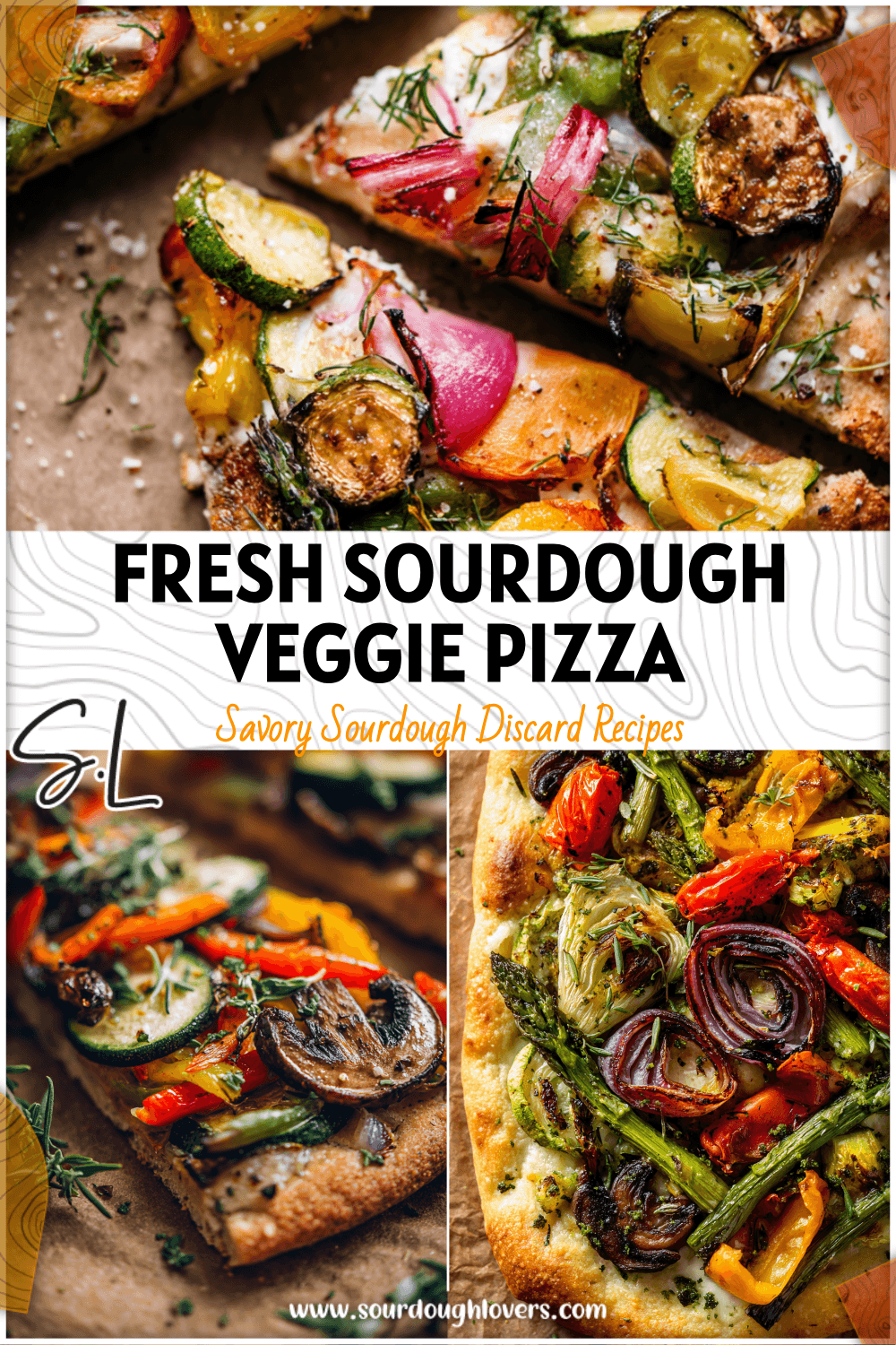 Golden sourdough crust topped with colorful roasted vegetables on a spring vegetable flatbread pizza. 26