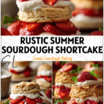 Sourdough Strawberry Shortcake Biscuits Made with Discard 5 Golden Sourdough Shortcake Biscuits topped with fresh strawberries and cream on a rustic plate.