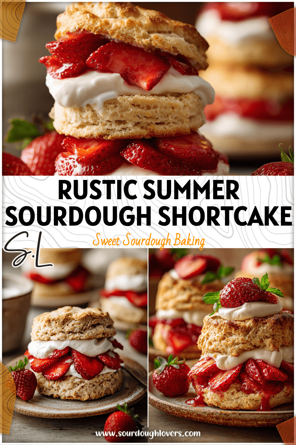 Golden Sourdough Shortcake Biscuits topped with fresh strawberries and cream on a rustic plate.