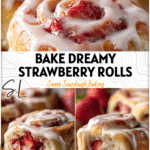 Golden sourdough strawberry sweet rolls topped with creamy glaze, showing juicy berry filling inside.