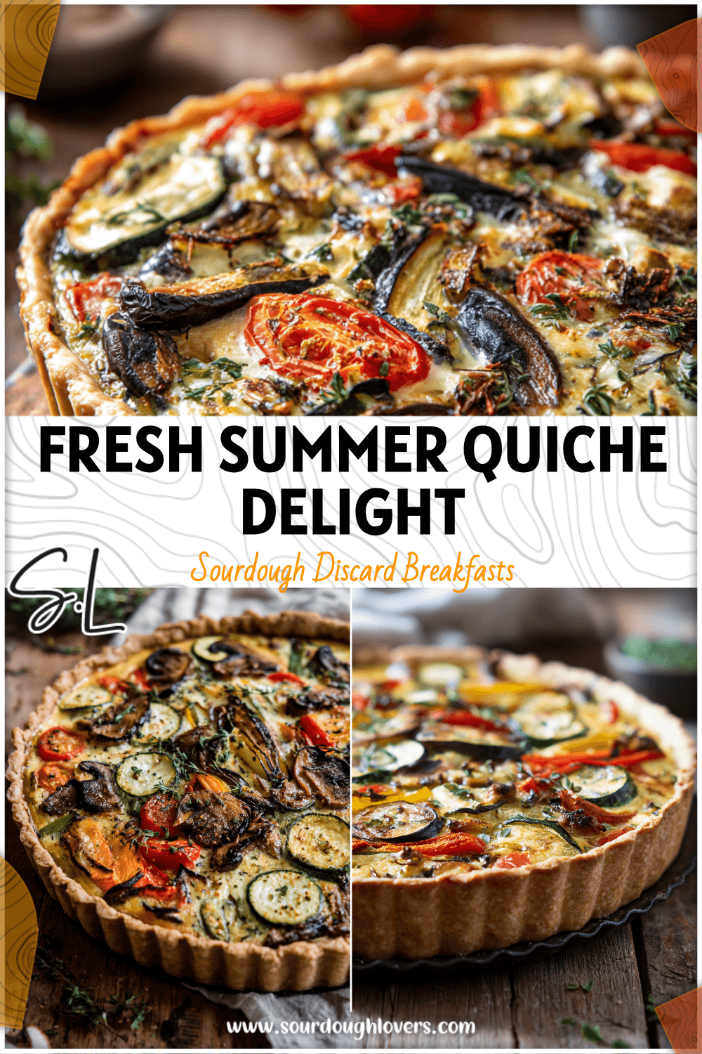 Golden sourdough summer veggie quiche filled with roasted vegetables and herbs on a rustic table. 26