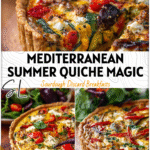 Colorful Mediterranean-inspired quiche with chunky vegetables and feta on a wooden board beside a fresh salad.