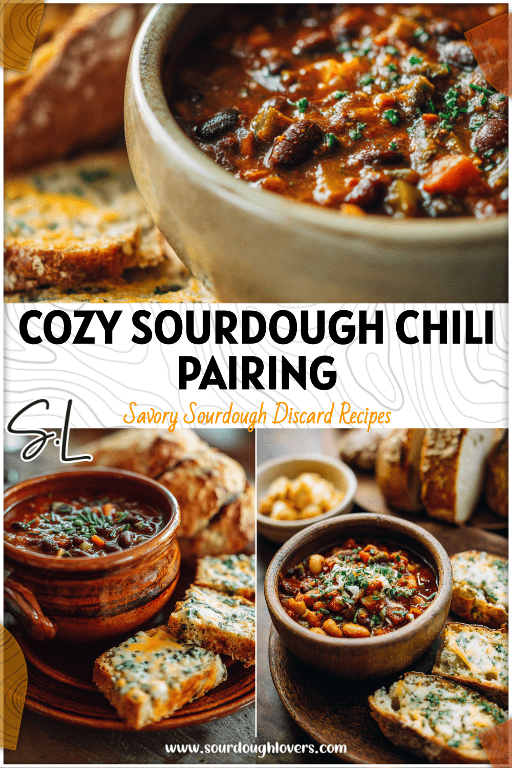 Bowl of veggie chili beside slices of Jalapeño Cheddar Sourdough Bread and Chive Sourdough Bread on a rustic table