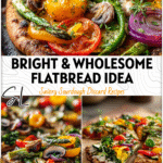 Colorful baked sourdough veggie detox flatbread topped with fresh vegetables and herbs on a rustic tray 26