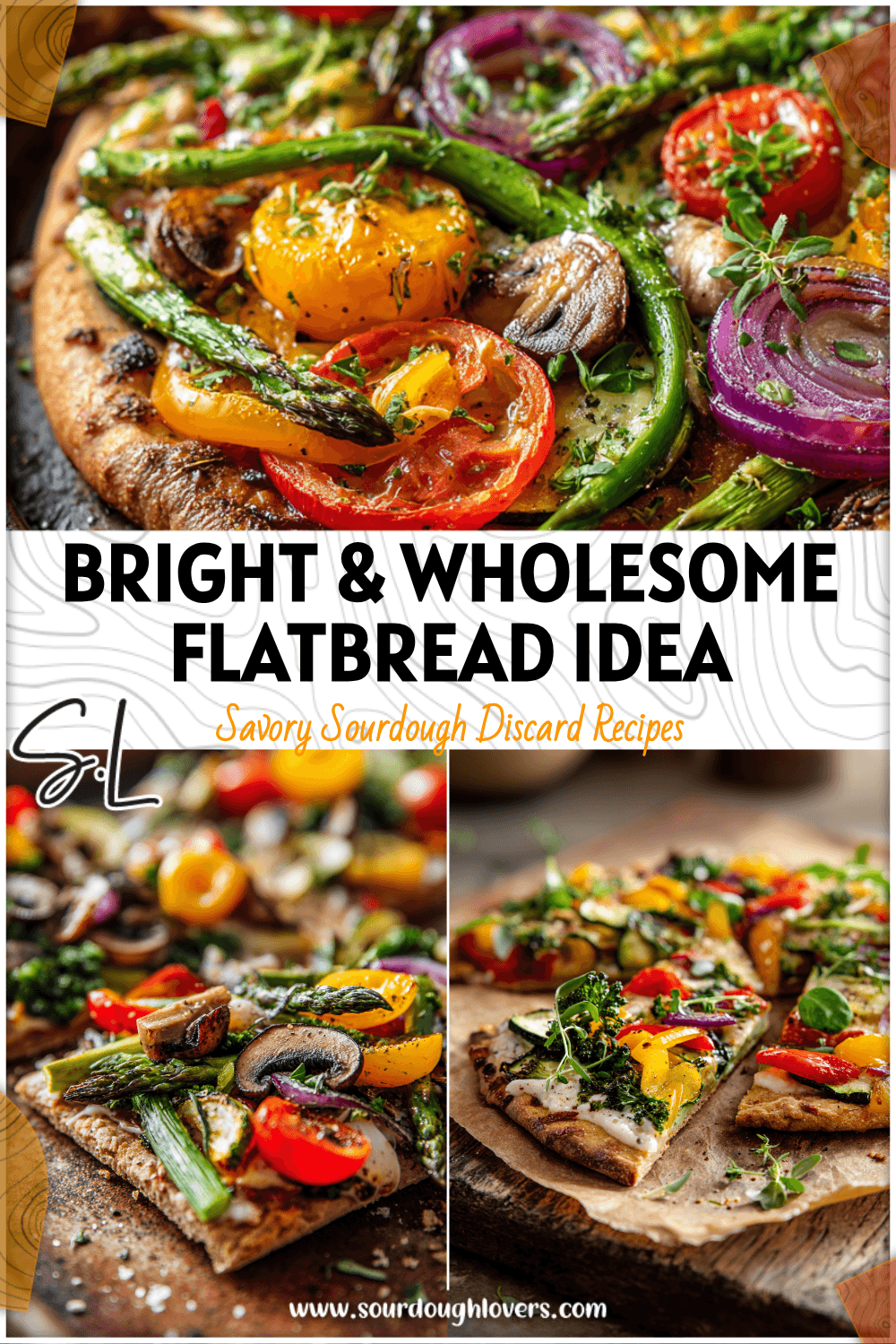 Colorful baked sourdough veggie detox flatbread topped with fresh vegetables and herbs on a rustic tray 26