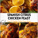 Whole roasted chicken glazed with orange sauce, surrounded by rosemary and sliced citrus on a serving dish. 26