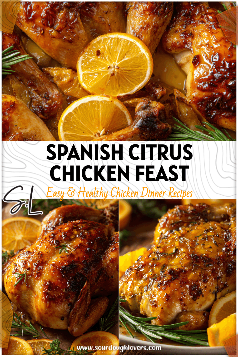 Whole roasted chicken glazed with orange sauce, surrounded by rosemary and sliced citrus on a serving dish. 26