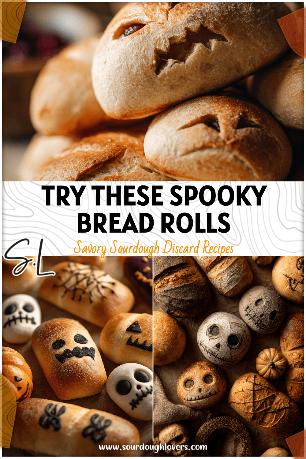 Golden sourdough spooky bread rolls styled for a Halloween party table with eerie decorations. 2026