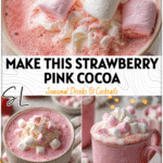 Cup of Strawberry Pink Hot Chocolate with pink marshmallows and whipped cream served in a cozy holiday mug. 26