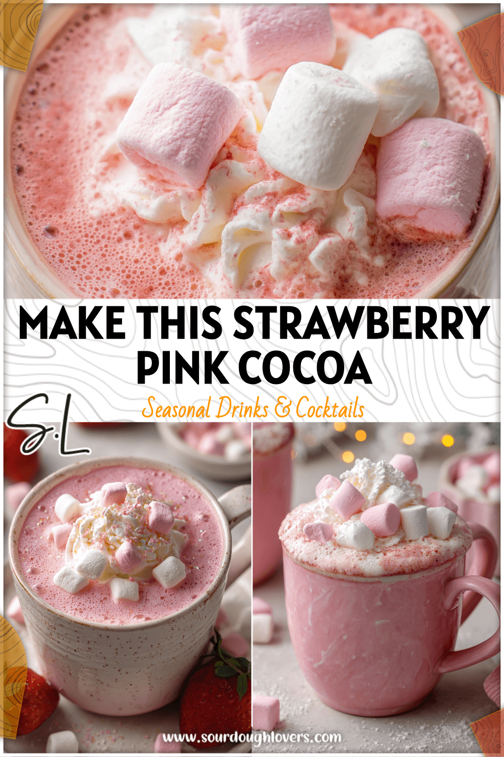 Cup of Strawberry Pink Hot Chocolate with pink marshmallows and whipped cream served in a cozy holiday mug. 26