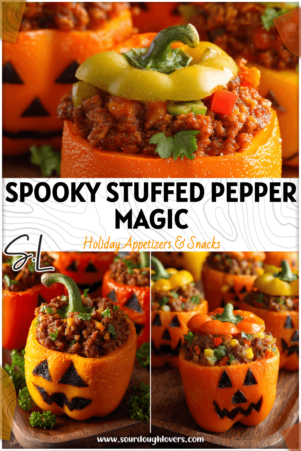 Orange bell peppers carved like Jack-O-Lanterns filled with hearty stuffing for Halloween Dinner Ideas. 26