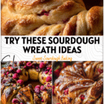 Assortment of sourdough wreath breads including pizza and raspberry roll varieties on a rustic board 26