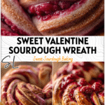 Heart-inspired Sourdough Wreath Bread topped with raspberry glaze for Valentine Sourdough Recipes presentation. 26