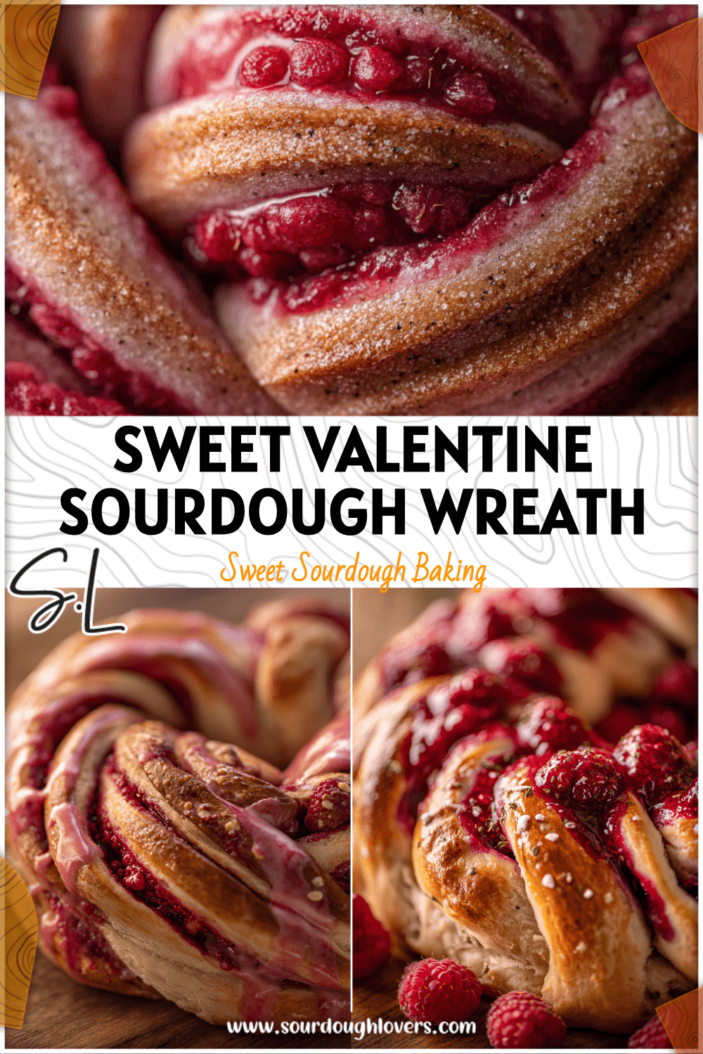 Heart-inspired Sourdough Wreath Bread topped with raspberry glaze for Valentine Sourdough Recipes presentation. 26