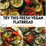 Golden baked sourdough vegan tomato and zucchini flatbread garnished with olive oil and herbs 26