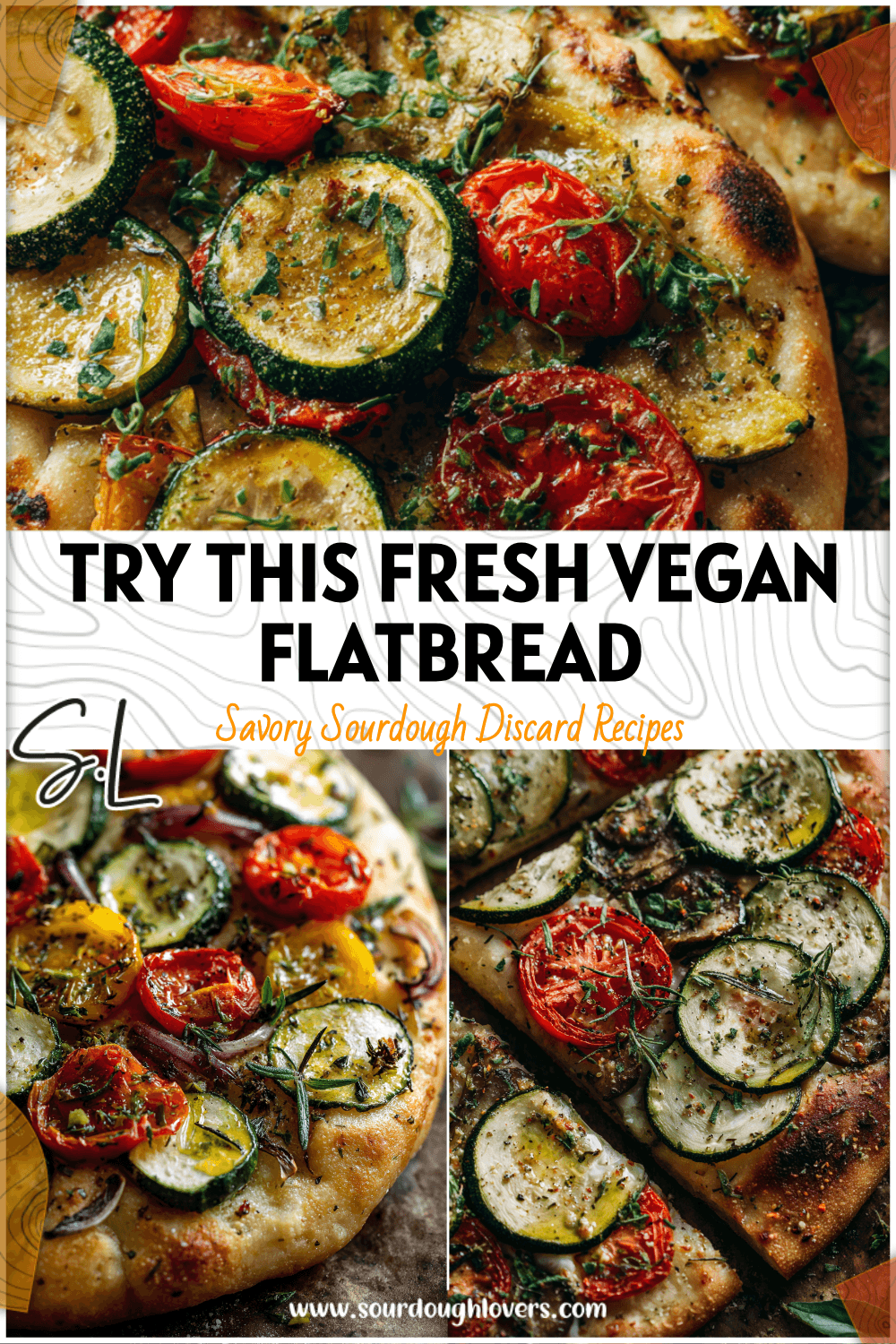 Golden baked sourdough vegan tomato and zucchini flatbread garnished with olive oil and herbs 26