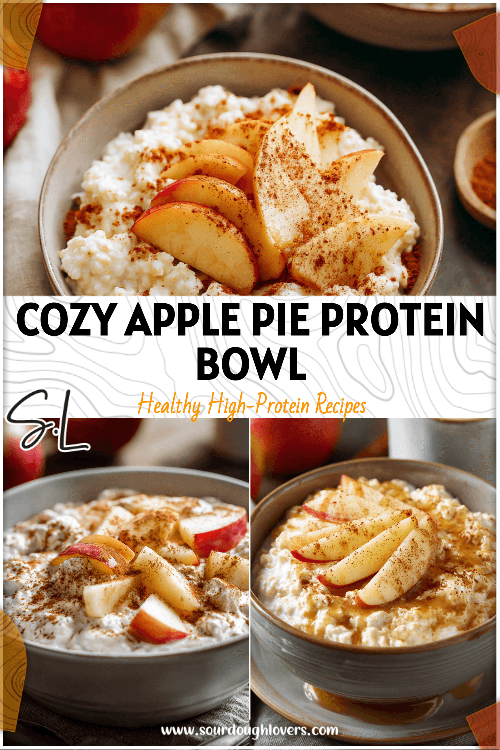A bowl of baked apple pie cottage cheese topped with cinnamon and apple slices for a cozy healthy breakfast. 2026