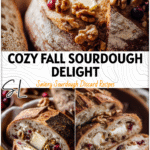 Sliced walnut sourdough brie and cranberry pull-apart loaf arranged in a holiday bread basket. 26