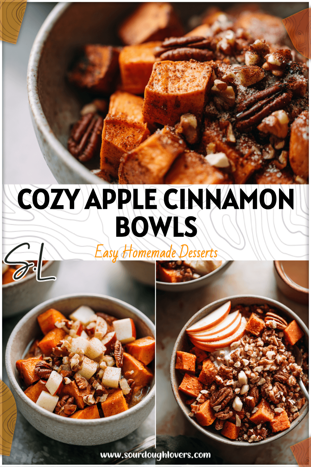 Bowl filled with warm apple cinnamon sweet potatoes topped with nuts and spices for a Whole 30 Breakfast.
