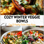 Winter Veggie Burrito Bowls | Cozy Mediterranean Burrito Bowl Idea 5 A colorful winter Mediterranean Burrito Bowl with roasted vegetables, rice, and herbs served in a white bowl.