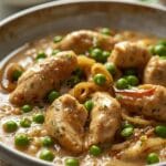 Creamy Chicken & Pea Skillet with Balsamic Onions 12 =