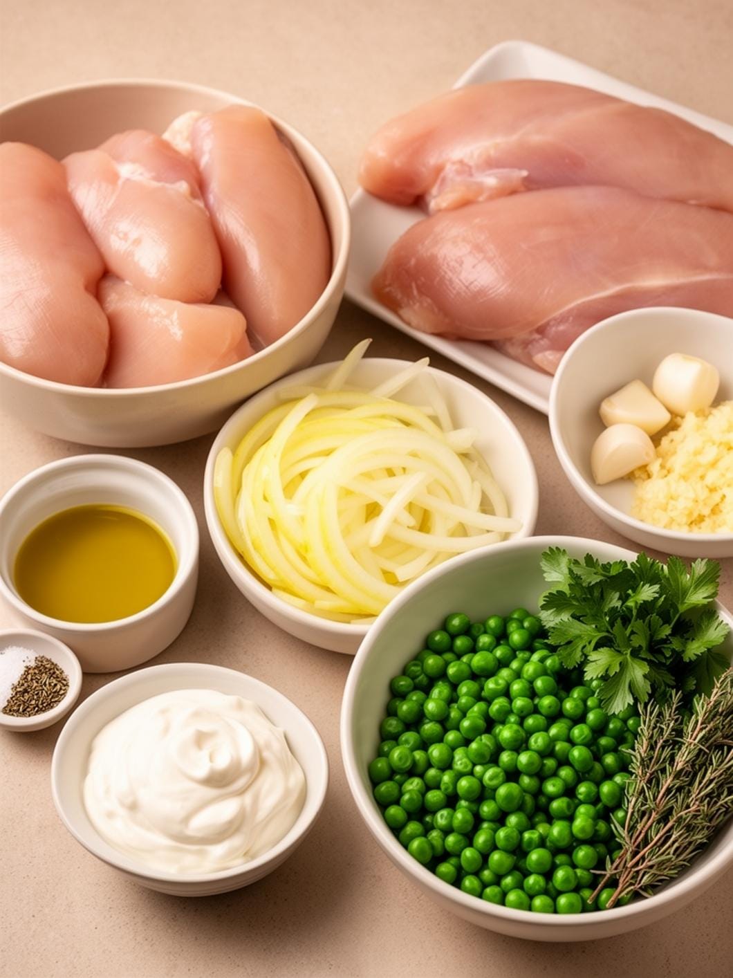 Creamy Chicken & Pea Skillet with Balsamic Onions