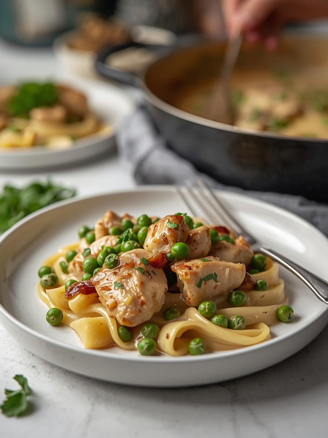 Creamy Chicken & Pea Skillet with Balsamic Onions