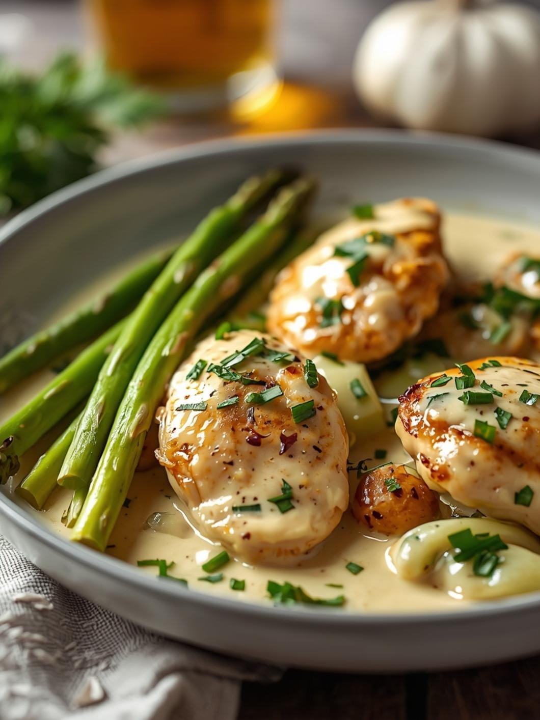 Creamy Garlic Chicken & Asparagus Skillet