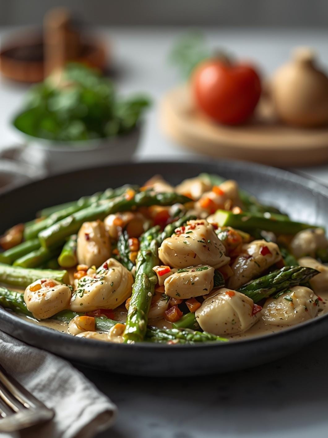 Creamy Garlic Chicken & Asparagus Skillet