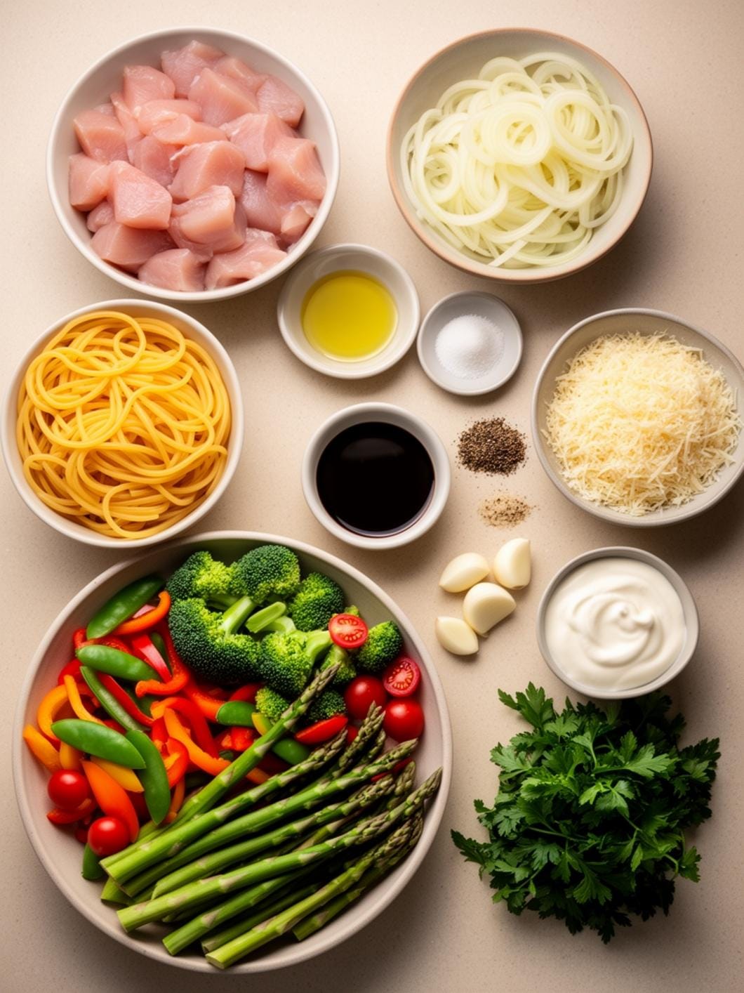 Lemon Chicken Pasta Primavera with Balsamic Onions & Cream Sauce
