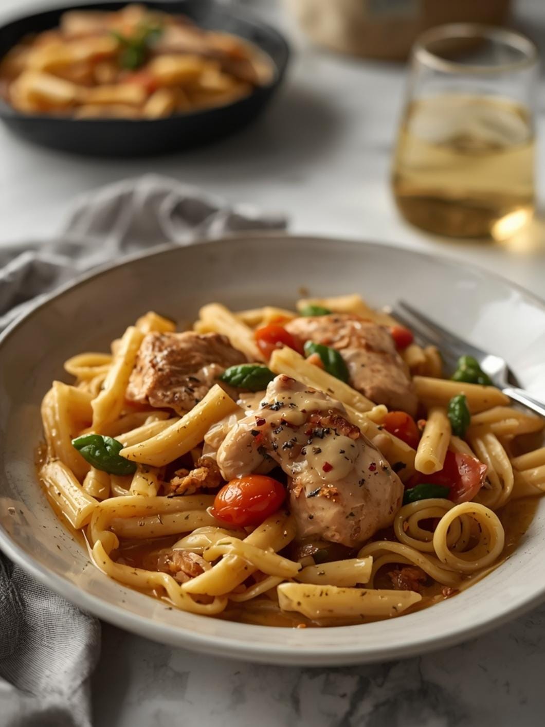 Lemon Chicken Pasta Primavera with Balsamic Onions & Cream Sauce